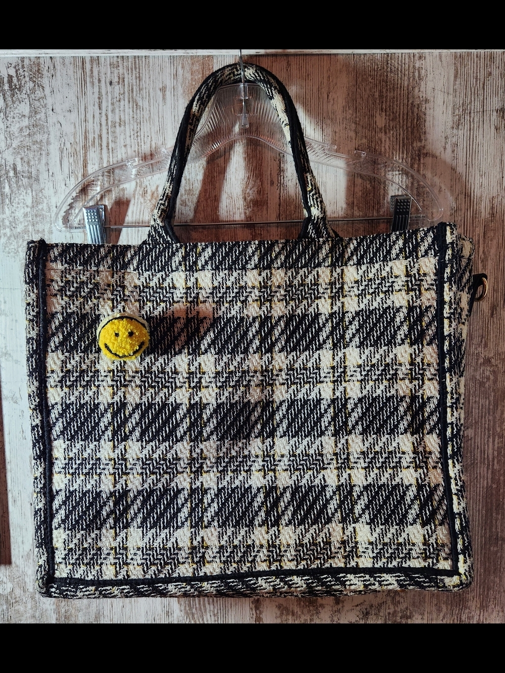 Black, Cream & Yellow Tweed Plaid Check Work Office Tote With Smiley Face